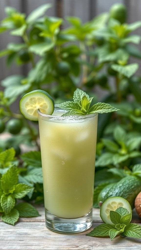 A refreshing glass of cucumber and mint juice garnished with mint leaves and cucumber slices, surrounded by fresh mint plants.