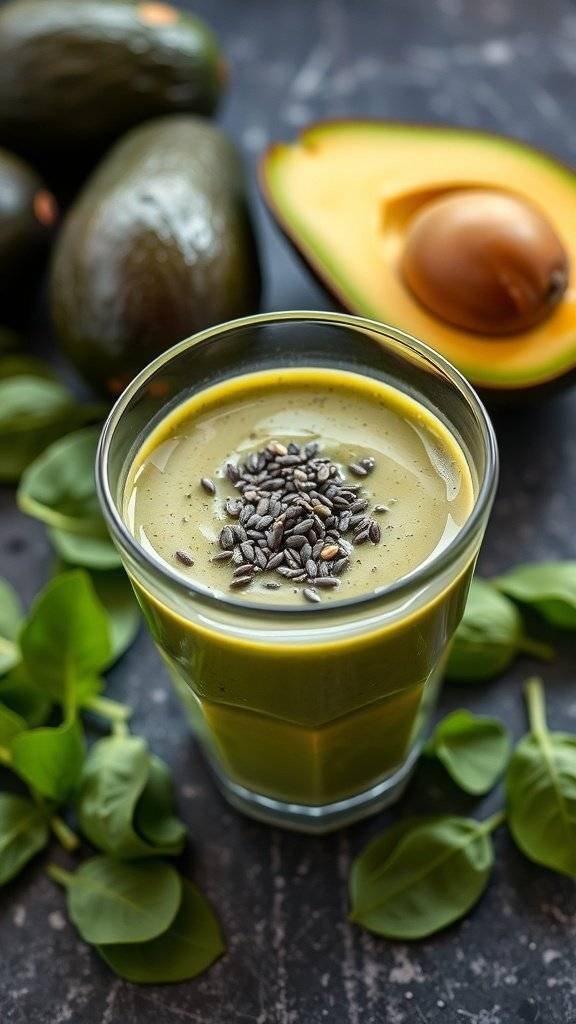 A refreshing avocado and spinach smoothie in a glass, topped with chia seeds, surrounded by fresh avocados and spinach leaves.