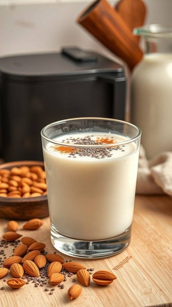 A glass of almond milk chia seed drink topped with chia seeds and almonds, with a bowl of almonds in the background.