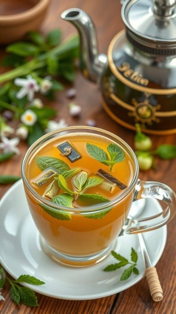 A glass of herbal detox tea with mint leaves and a teapot in the background.