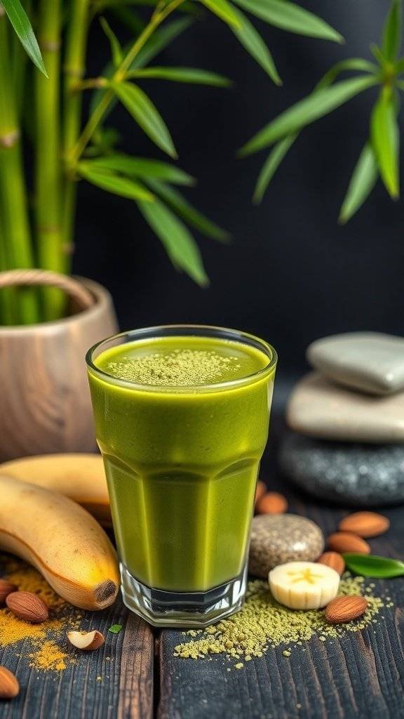 A refreshing matcha green tea smoothie surrounded by bananas, almonds, and bamboo.