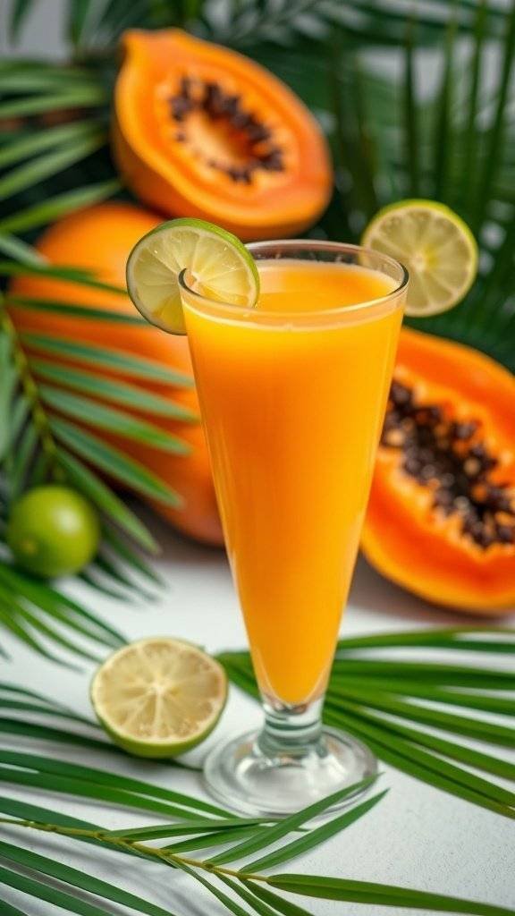 A refreshing glass of papaya and lime juice with fresh papayas and lime slices in the background.