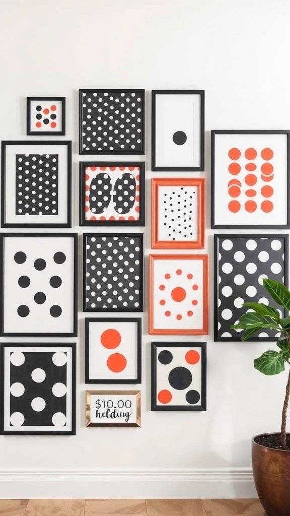 Colorful polka dot art prints in various frames on a wall
