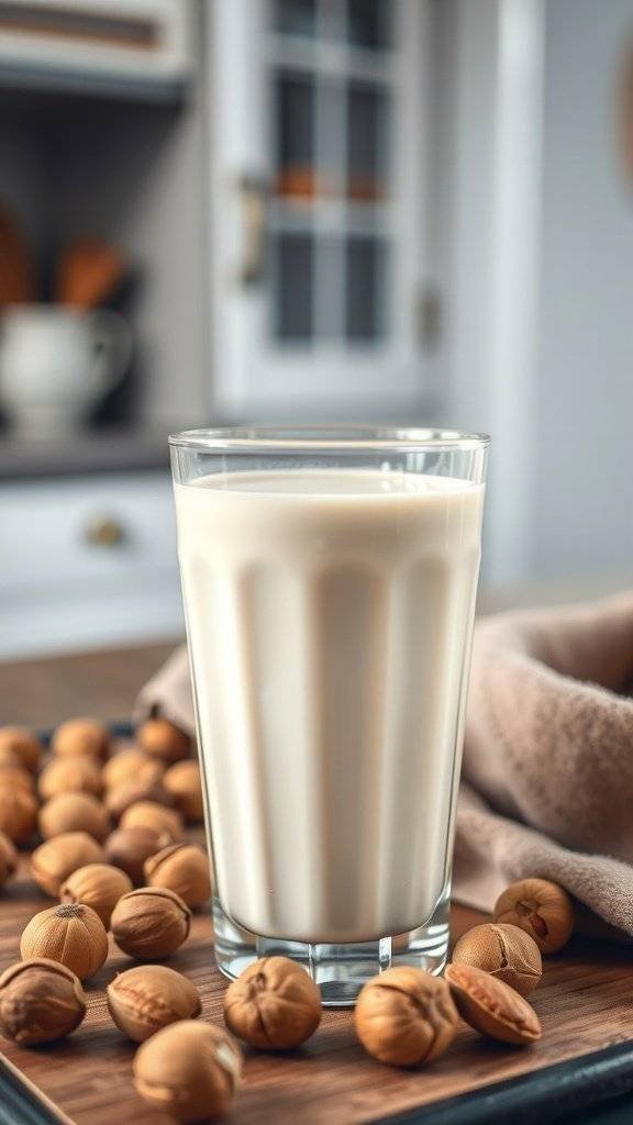 A glass of creamy hazelnut and almond milk surrounded by hazelnuts on a wooden table.