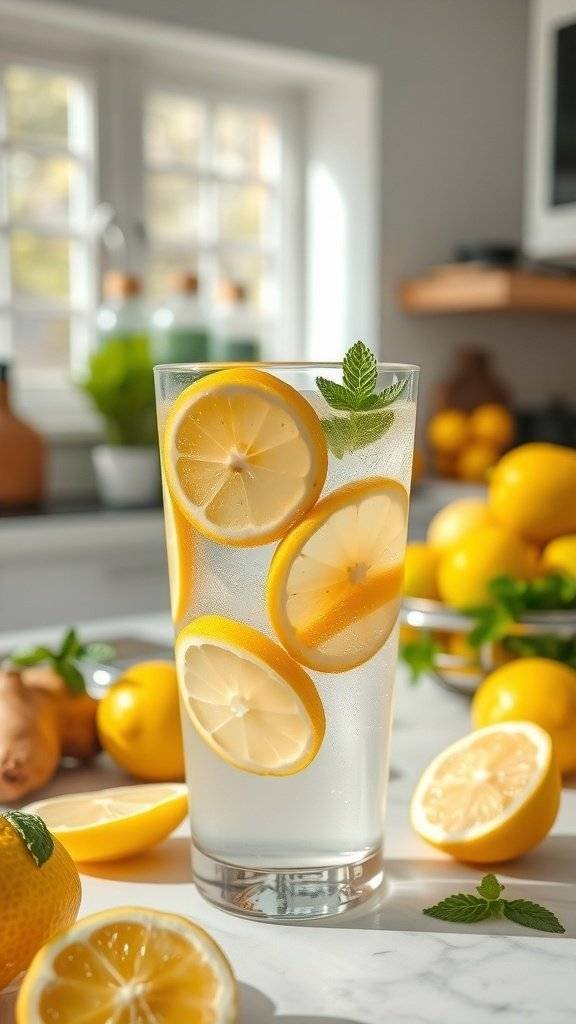 A refreshing glass of ginger-lemon detox water with lemon slices and mint leaves