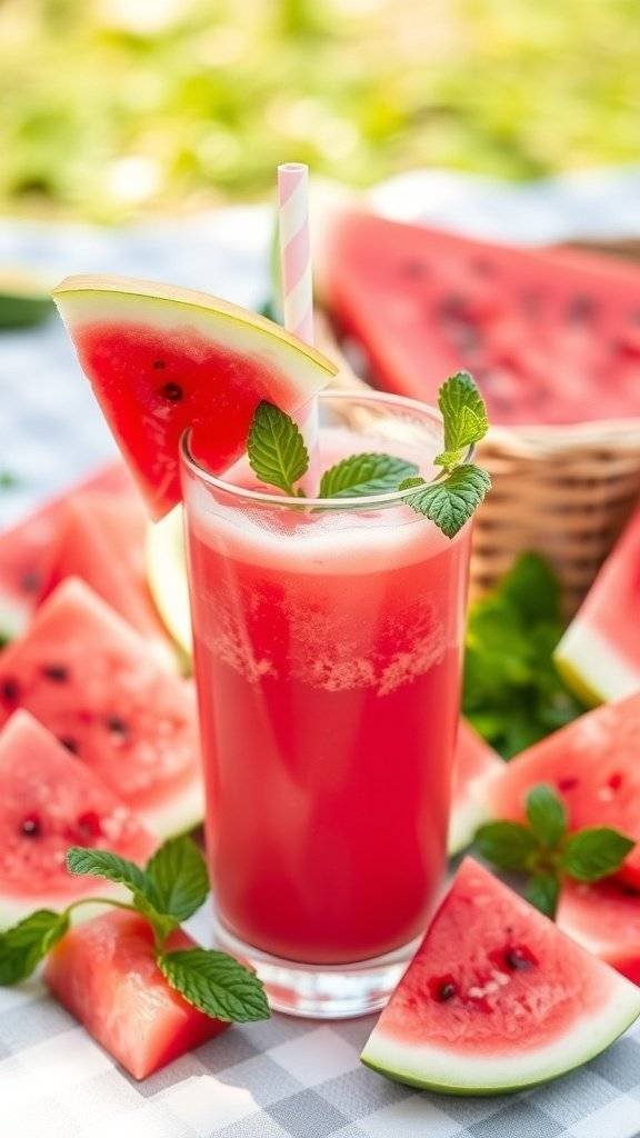 A refreshing glass of watermelon mint juice garnished with mint leaves and a slice of watermelon, surrounded by fresh watermelon slices.