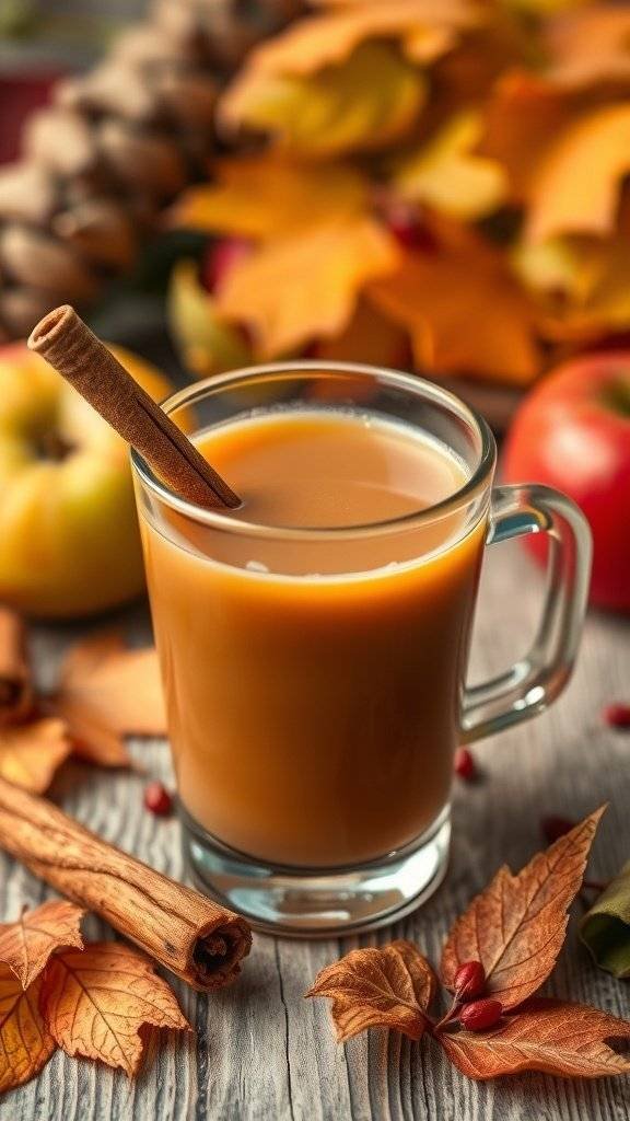 A warm cup of apple and cinnamon detox juice surrounded by apples and autumn leaves.