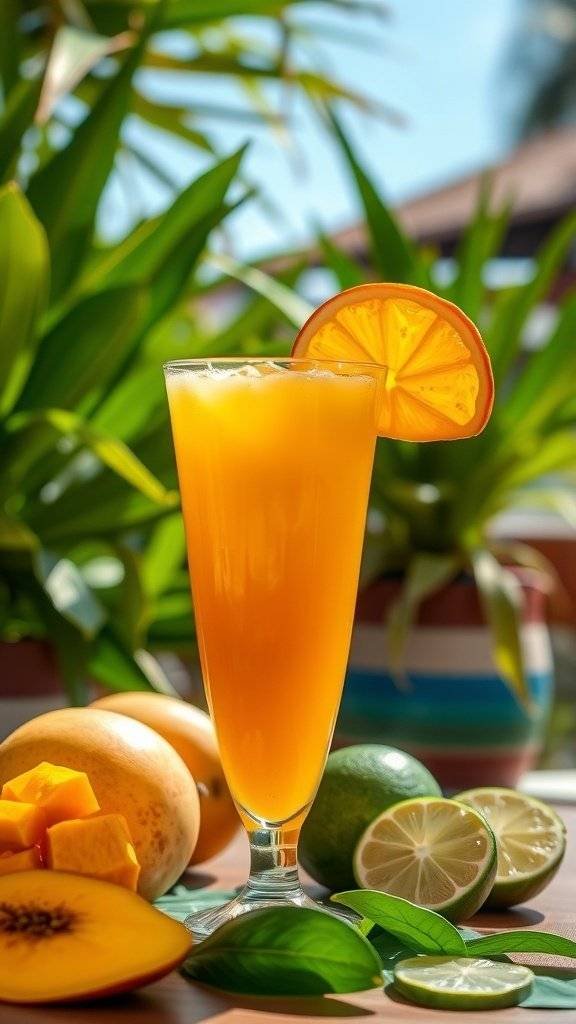 A tall glass of mango and lime juice garnished with a slice of lime, surrounded by fresh mangoes and limes.