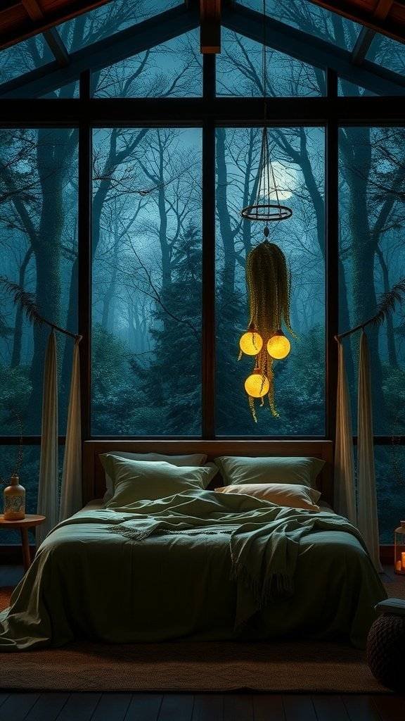 A serene bedroom with large windows showing a forest view, featuring a cozy bed and soft lighting.