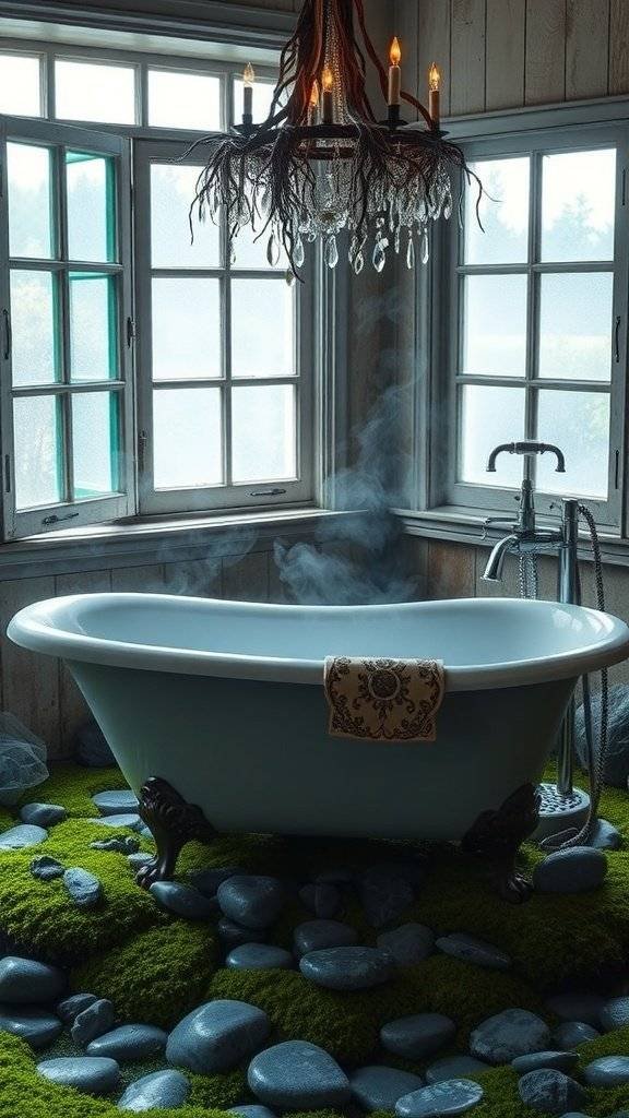 A clawfoot tub surrounded by moss and stones, with a chandelier above and steam rising.