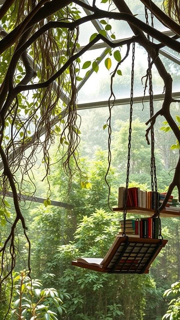 A treehouse reading nook with a swing and books surrounded by greenery.