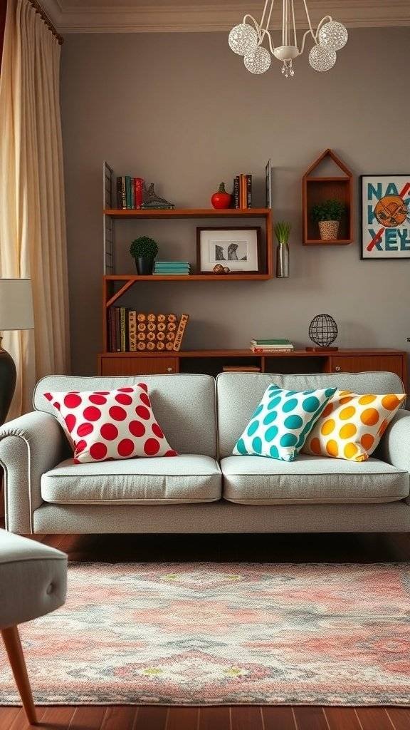 A cozy living room with a sofa featuring polka dot throw pillows in red, turquoise, and yellow, set against a stylish backdrop.