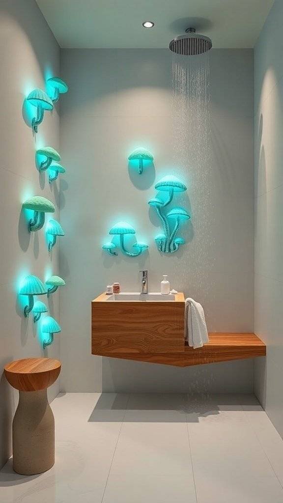 A bioluminescent bathroom featuring glowing jellyfish lights and a wooden sink.