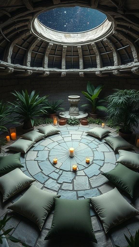 A tranquil meditation room with cushions, plants, and a starry sky view.