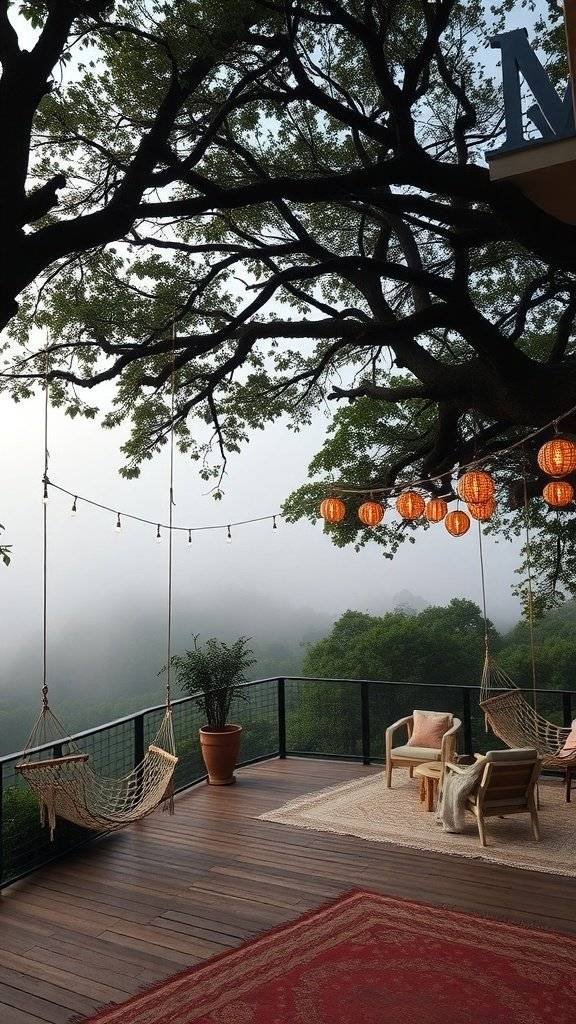 A serene terrace with hammocks and soft lighting, surrounded by trees and mist.