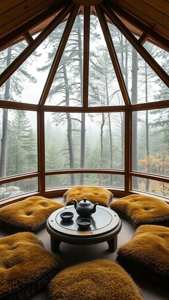 A cozy tea room with warm cushions and large windows overlooking a forest.