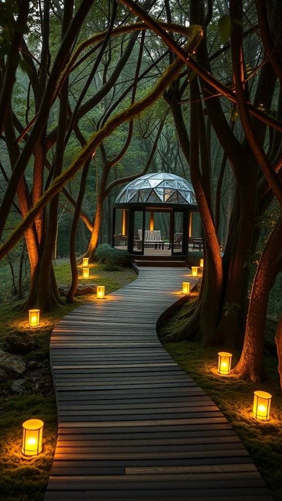 A winding wooden pathway lit by lanterns, surrounded by trees, leading to a glass structure.