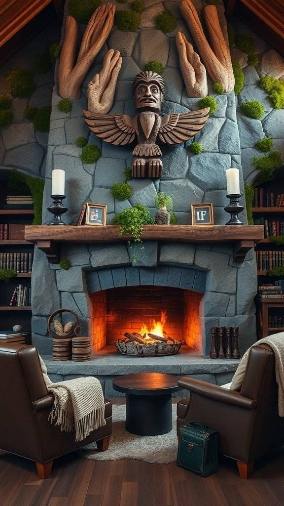 A cozy fireplace surrounded by forest-inspired decor, featuring wooden carvings and green moss.
