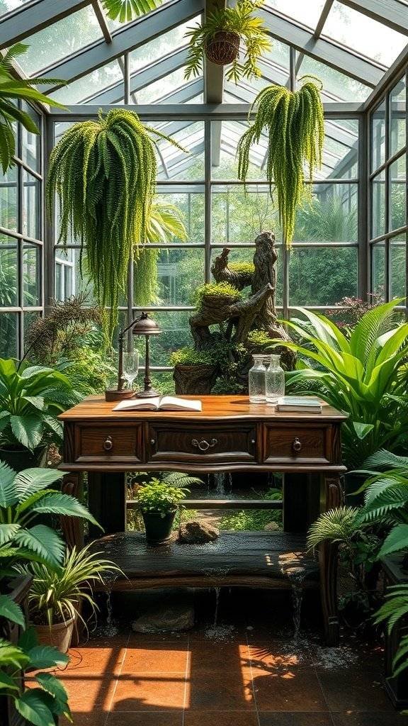 A serene greenhouse filled with lush plants and a wooden table, creating a peaceful atmosphere.