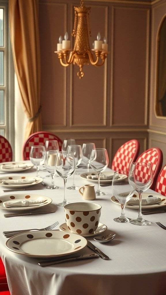 A beautifully set dining table featuring polka dot tableware with a 1960's theme, showcasing plates, cups, and elegant glassware.