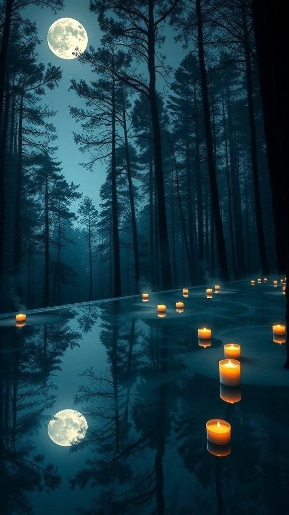 A tranquil moonlit spa pool surrounded by trees and candles.