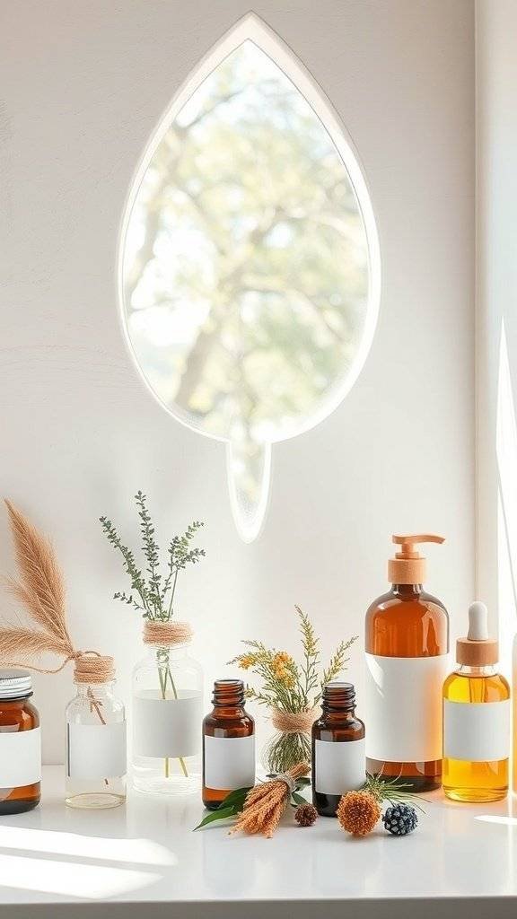 A serene studio with natural light, featuring a leaf-shaped window and various bottles of essential oils and plants.