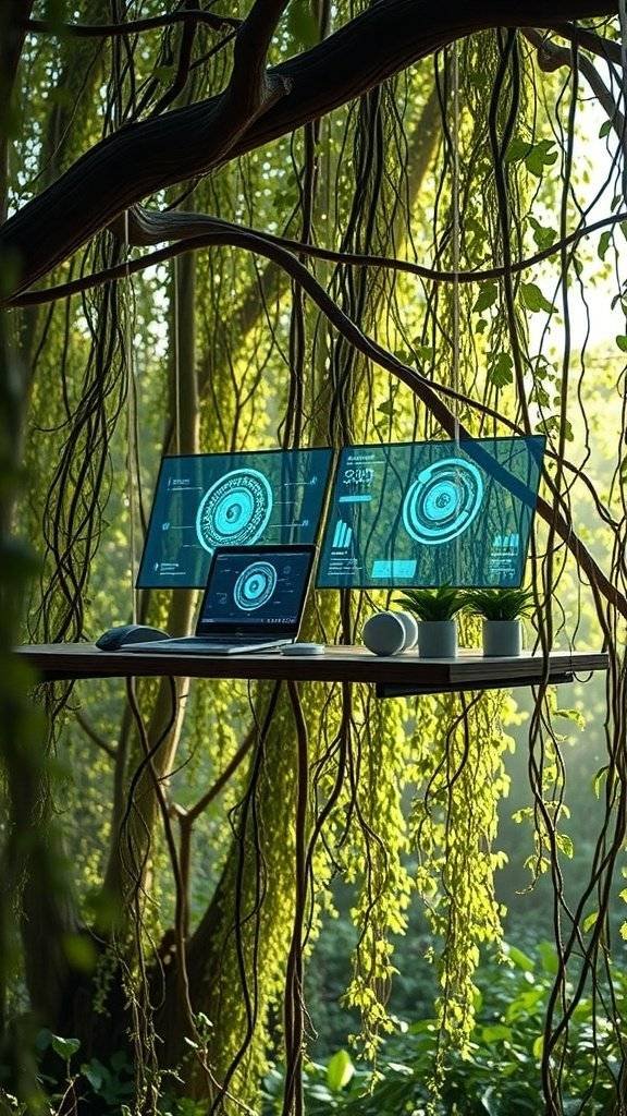 A serene office space surrounded by greenery, featuring a wooden desk with a computer and decorative items.