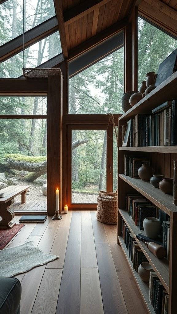 Cozy interior with wooden elements, large windows, and a peaceful atmosphere.