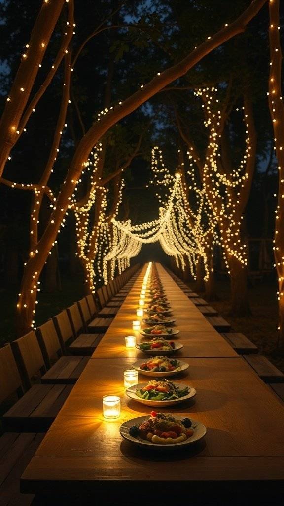 A beautifully set evening banquet table under twinkling lights and trees, with guests enjoying their meal.