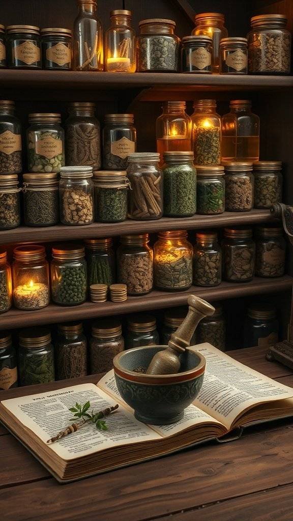 A cozy herbal apothecary corner with jars of herbs and a mortar and pestle.