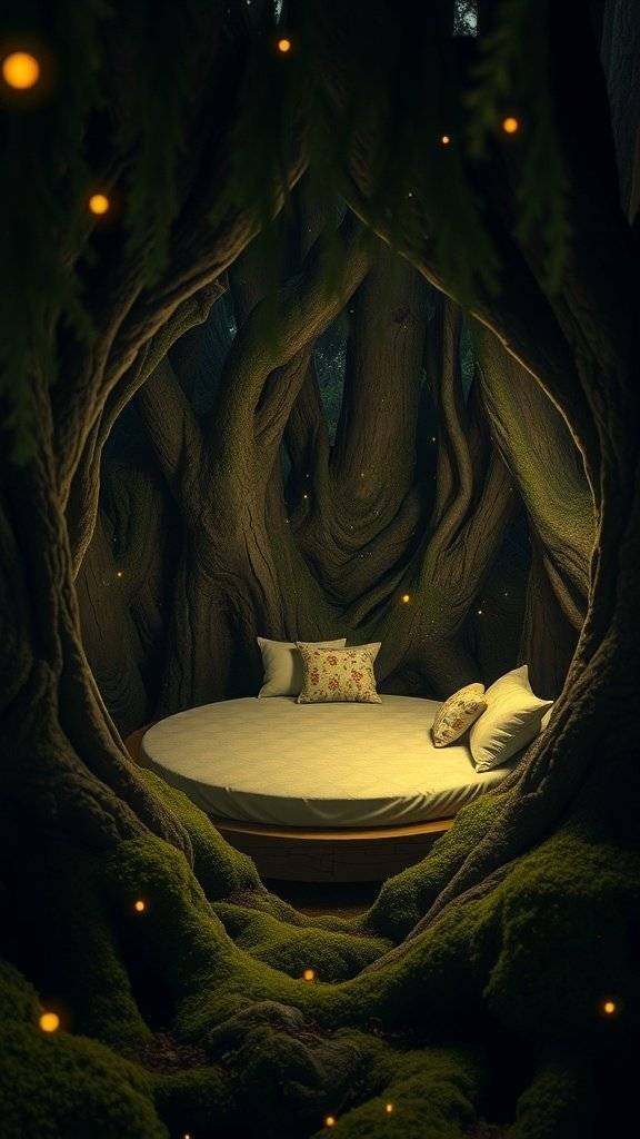 A cozy bedroom surrounded by tree trunks and glowing lights, perfect for a digital detox.