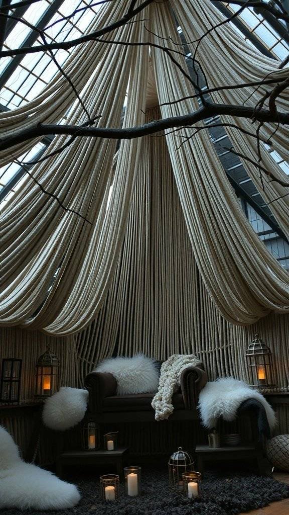 Cozy interior with a hammock, soft textures, and warm lighting