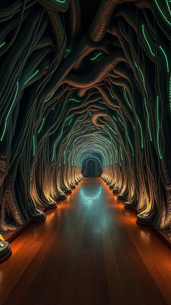 A corridor inspired by nature with illuminated roots and wooden flooring.