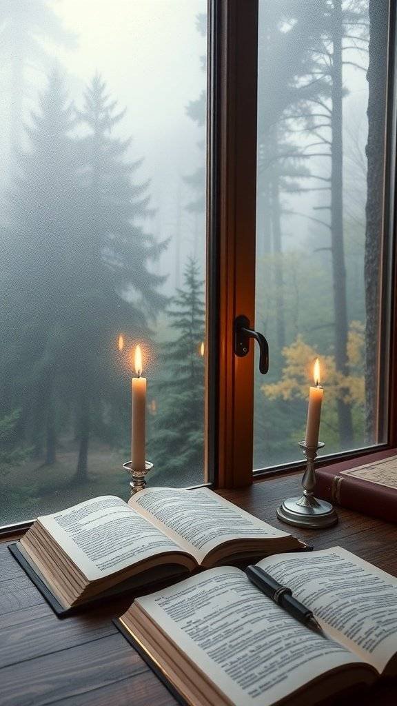A cozy study with a misty window, candles, and open books.