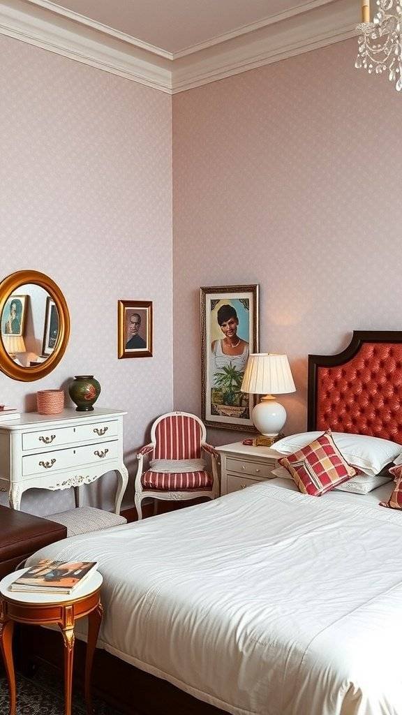 A beautifully decorated bedroom featuring polka dot wallpaper, vintage furniture, and 1960's themed decor.