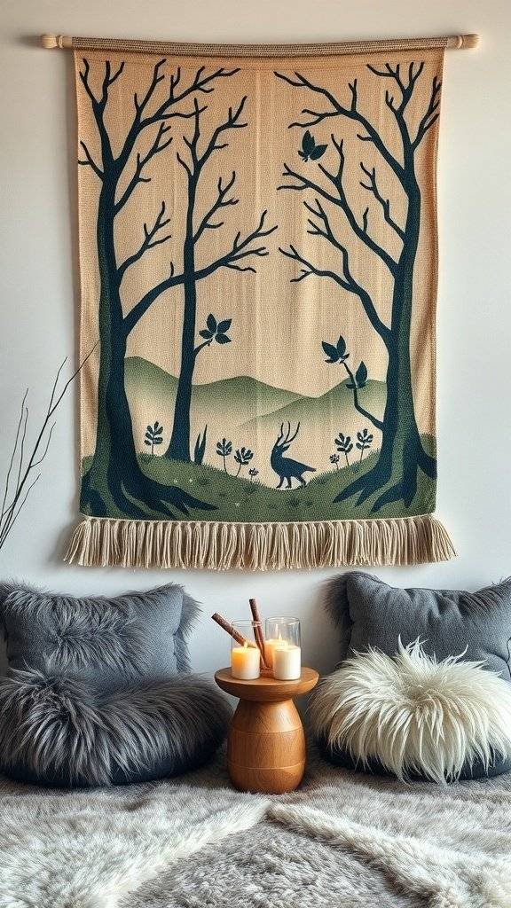 A cozy room featuring a woven wall tapestry with trees and a deer, surrounded by plush pillows and candles.