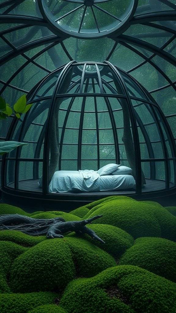 A glass dome structure surrounded by green moss and trees, resembling a serene observatory.