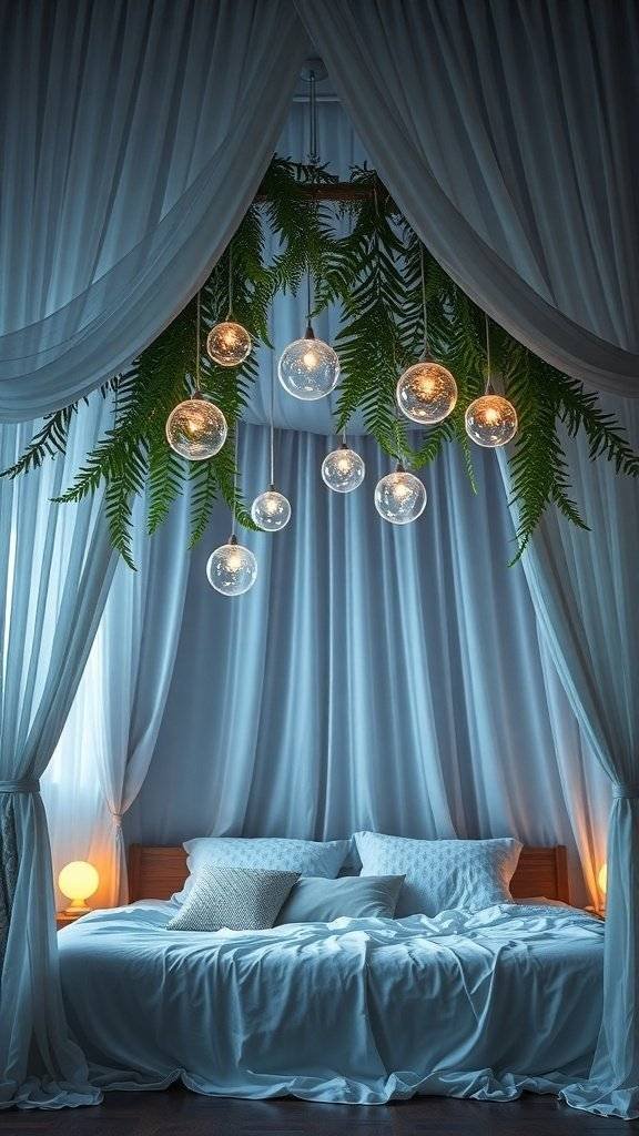 A serene bedroom with blue drapes, glowing orbs, and a cozy bed, inspired by Endor.