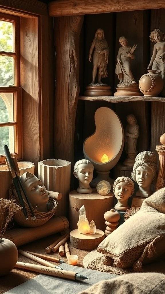 A cozy artisan workshop with wooden textures and handcrafted sculptures.