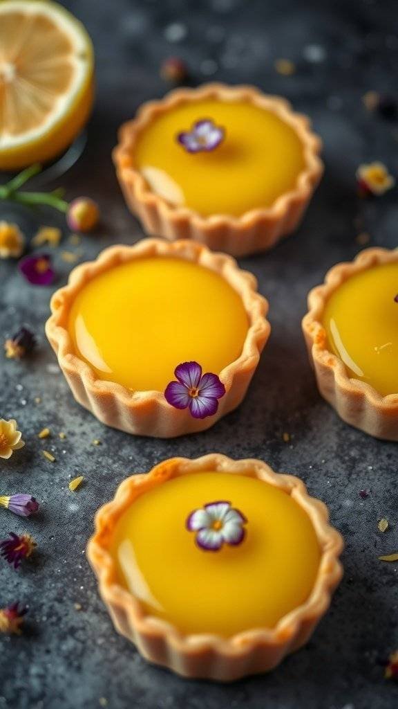 Mini lemon tartlets with edible flowers on top, placed on a dark surface with a lemon in the background.