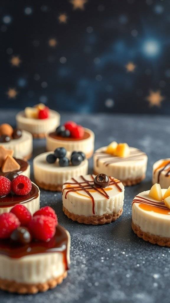 A variety of mini cheesecakes topped with fruits and sauces, set against a starry background.