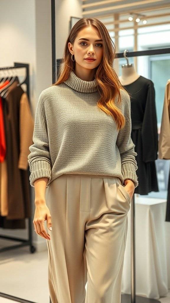 A mannequin displaying a chunky knit sweater over a silk dress, illustrating the mix of textures in 1960s women's preppy outfits.