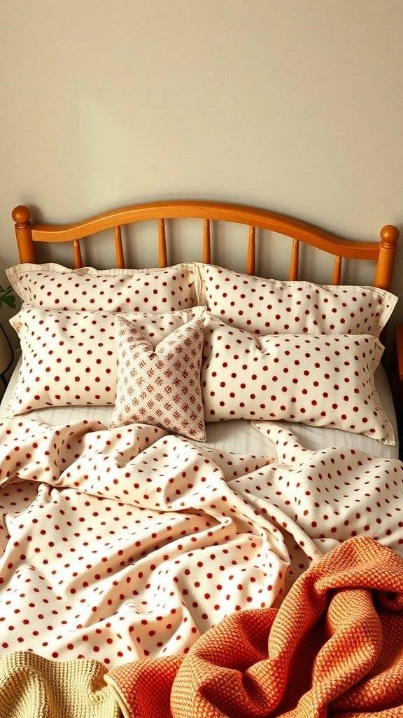 A cozy bed with polka dot linens and pillows, featuring warm tones and a wooden headboard.