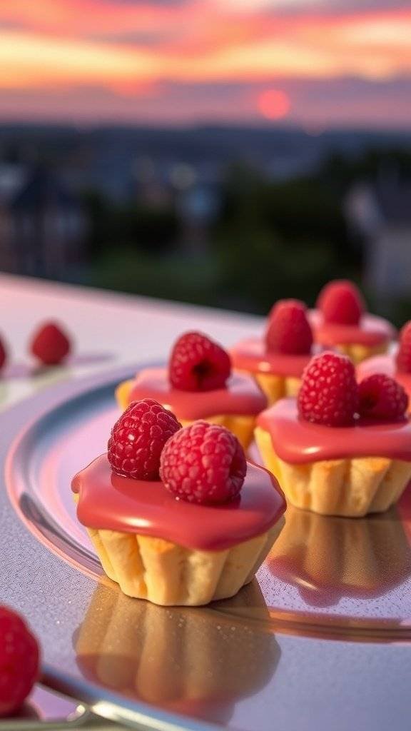 A close-up of mini raspberry tarts on a silver plate with a sunset background.