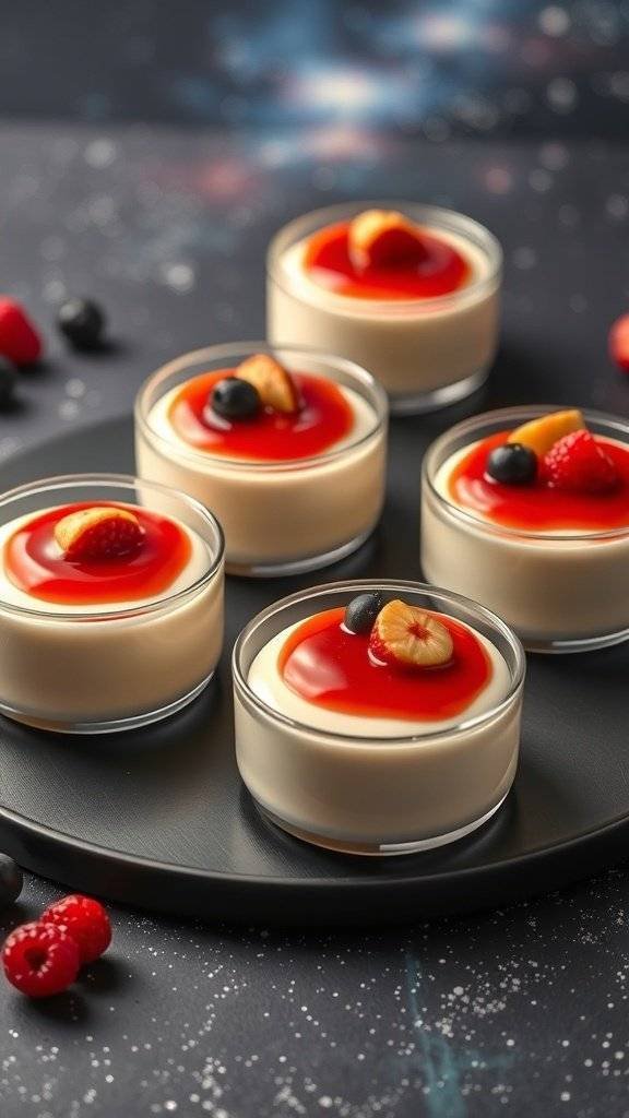 Mini panna cotta desserts topped with fruit glaze and berries on a dark background