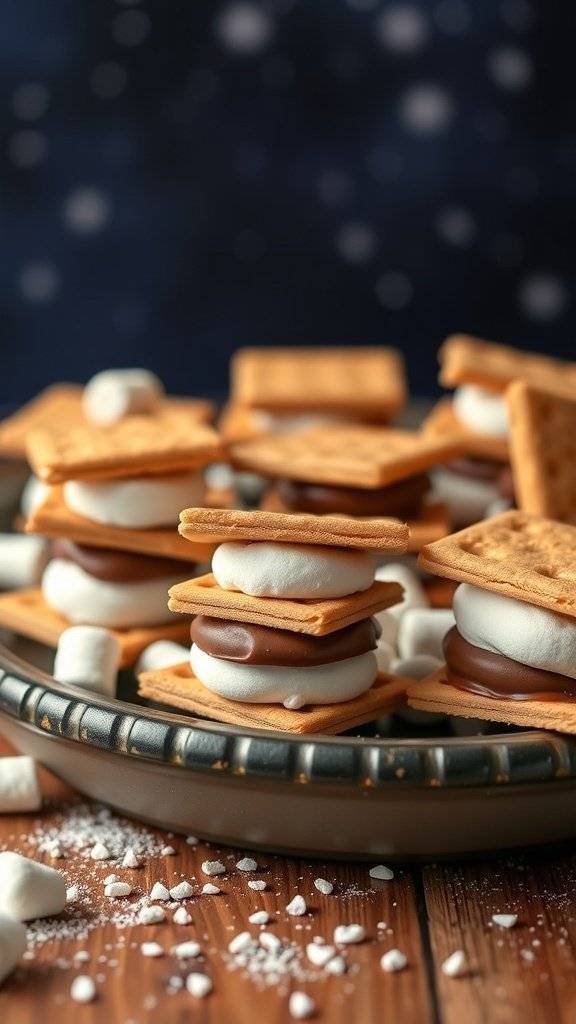 A plate of Starship S'Mores Bites stacked with graham crackers, chocolate, and marshmallows.