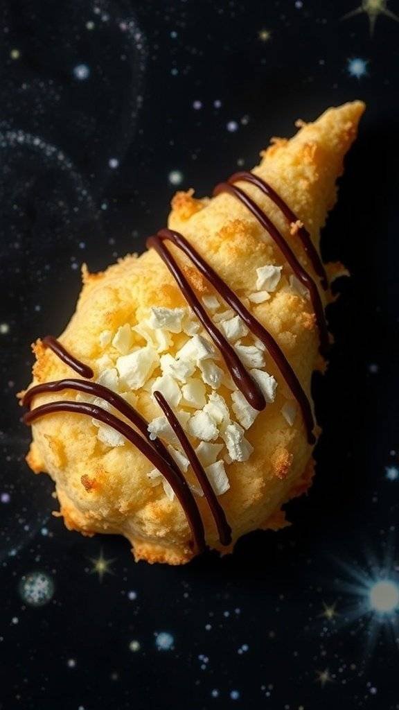 Coconut macaroon drizzled with chocolate on a starry background