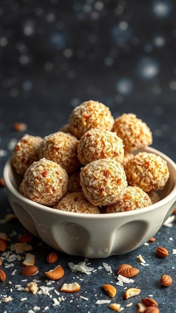 A bowl of Quasar Quinoa Energy Bites coated in coconut and nuts, set against a cosmic background.