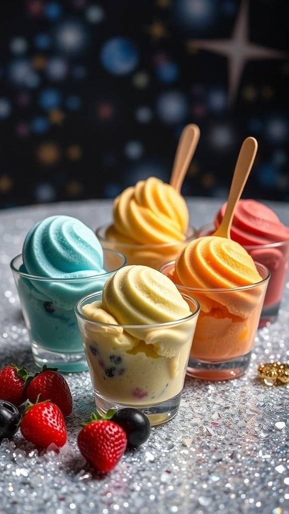 Colorful gelato cups with fresh berries on a sparkling surface