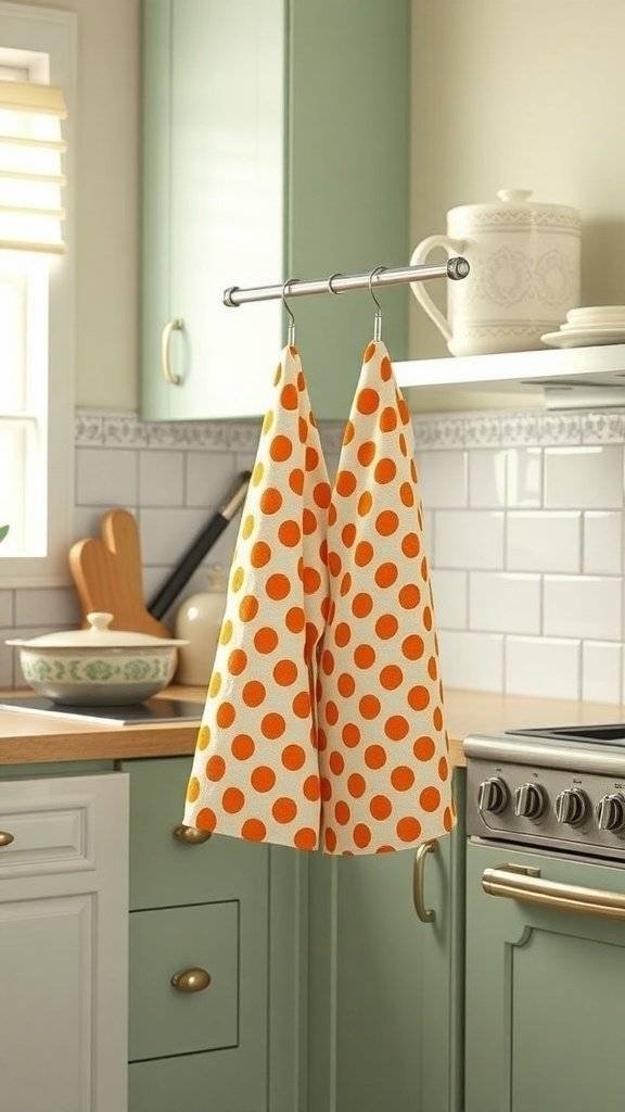Polka dot kitchen towels hanging in a stylish kitchen with a 1960's theme
